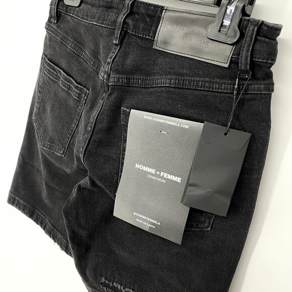 Homme + Femme NEW Distressed Flames Logo Jean Shorts Mens Sz 28 Black Stretch - Picture 7 of 11